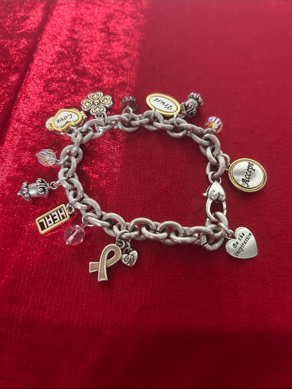 Brighton Silver Charm Bracelet with Pink Crystal Accents